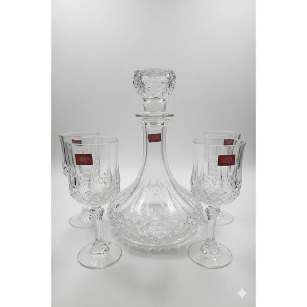 Cristal d'Arques Longchamp Crystal Decanter‎ Set with 4 Wine Glasses in Box